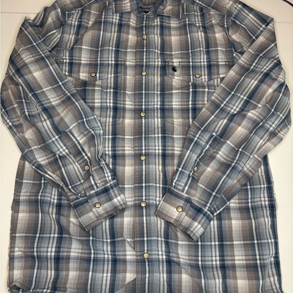 Carhartt Men’s Blue and Gray Plaid Casual Button Down Shirt with Snaps Size S